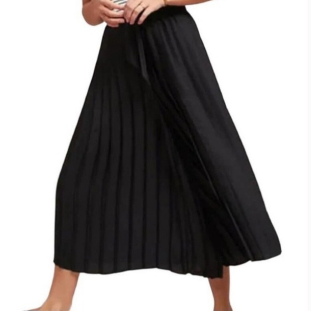 Anthropologie Feather Bone Pants Black Wide Leg Culotte Pleated Tie Wais…